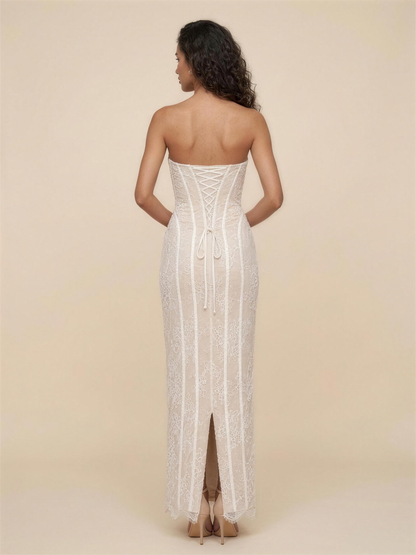 Strapless Lemon Lace Column Maxi Dress - Ivory