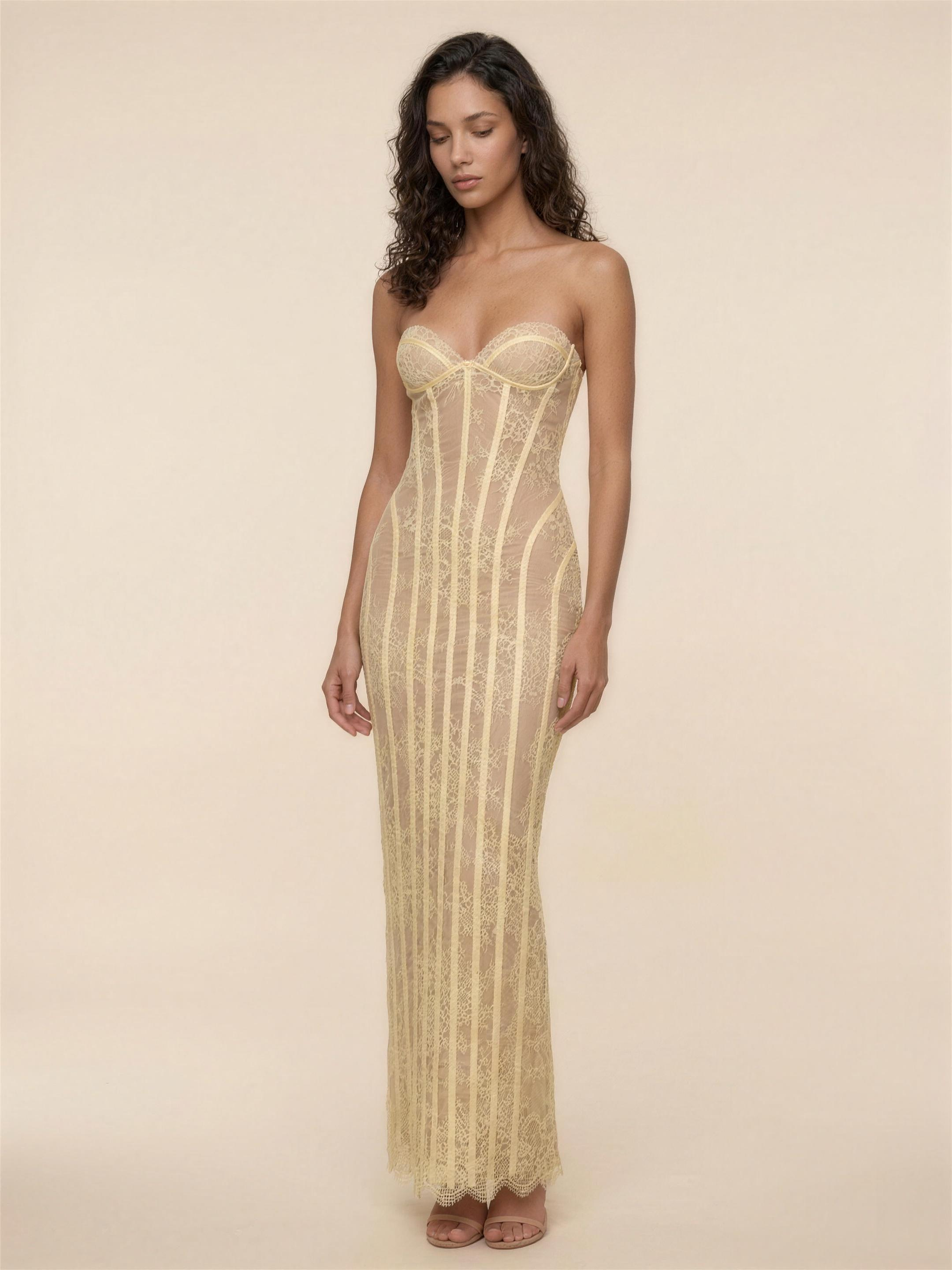 Strapless Lemon Lace Column Maxi Dress - Lemon