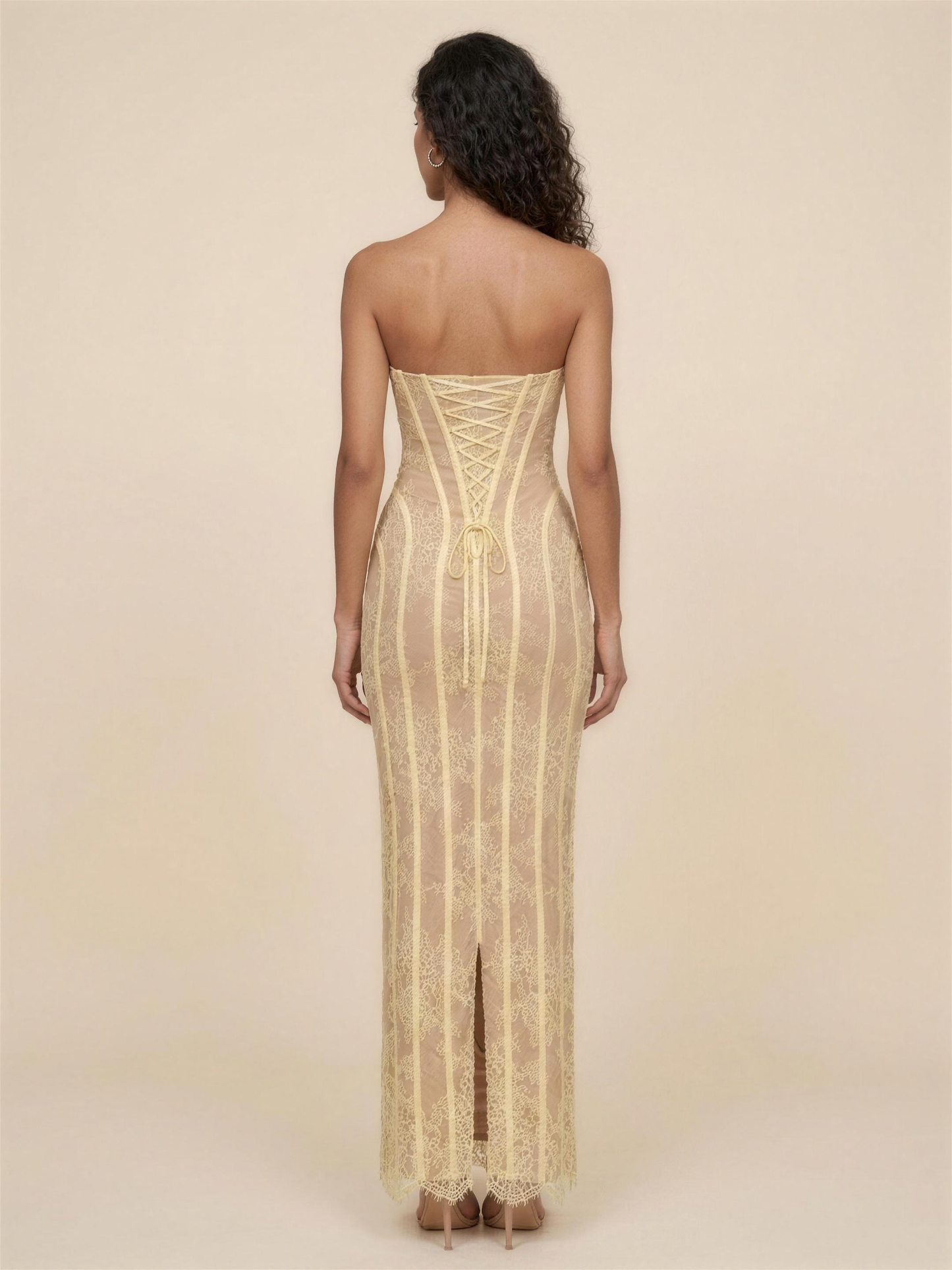 Strapless Lemon Lace Column Maxi Dress - Lemon