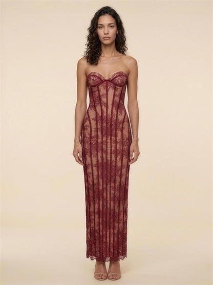 Sweetheart Corset Satin Slip Maxi Dress - Burgundy