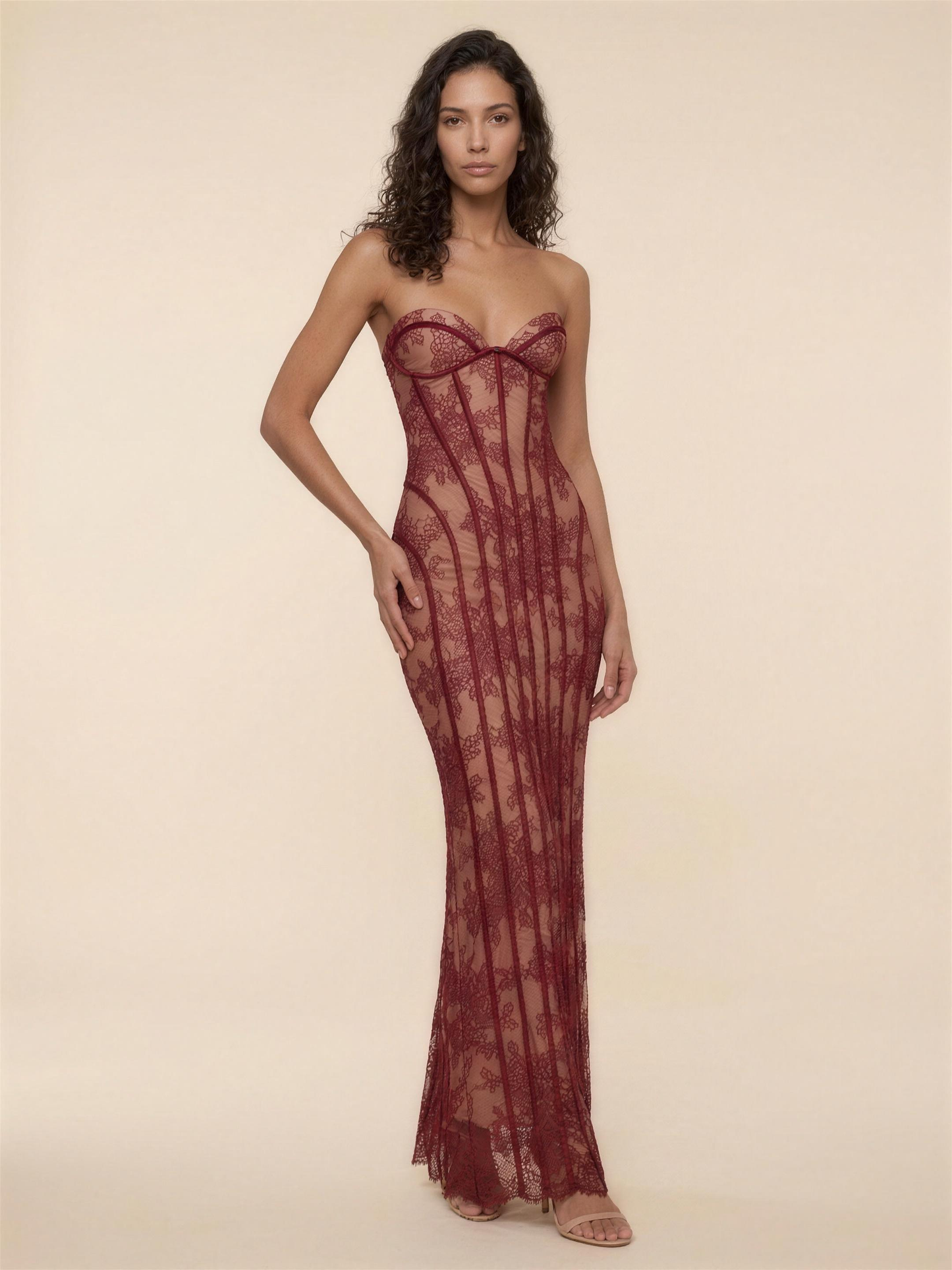 Strapless Lemon Lace Column Maxi Dress - Burgundy