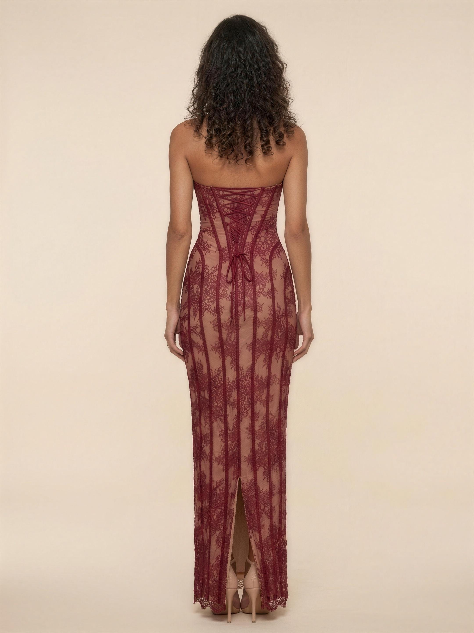 Strapless Lemon Lace Column Maxi Dress - Burgundy