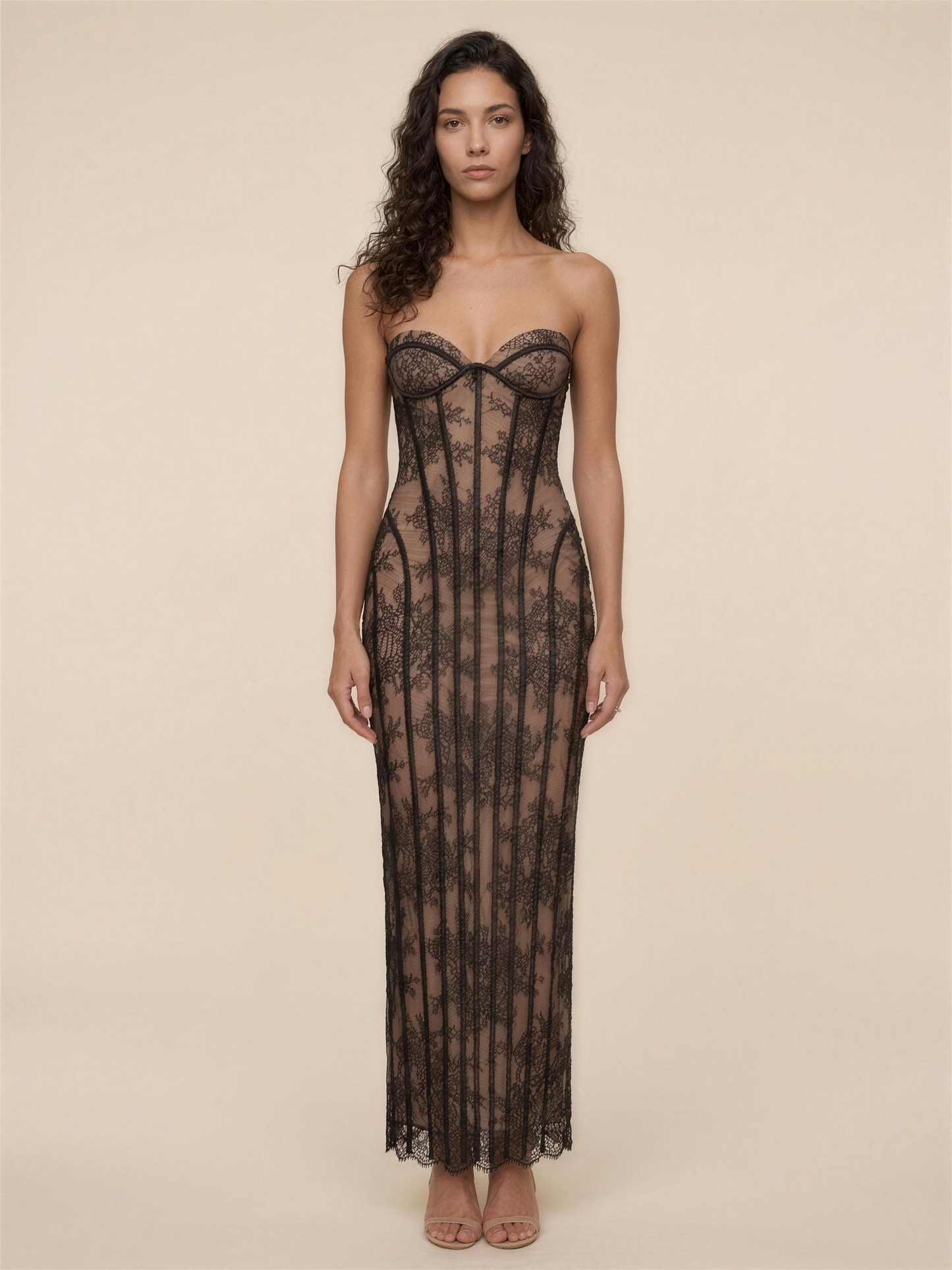 Strapless Lemon Lace Column Maxi Dress - Black