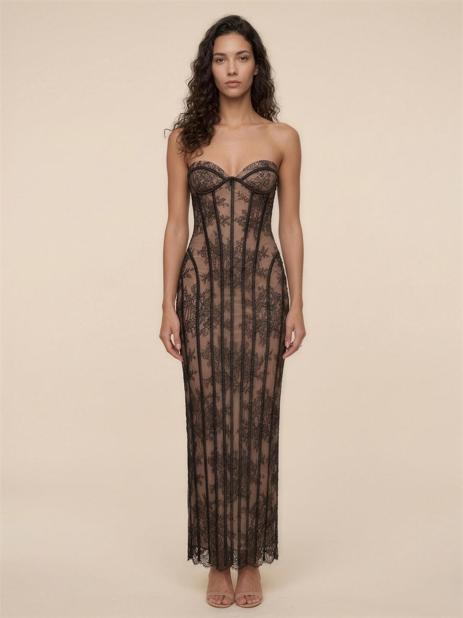 Strapless Lemon Lace Column Maxi Dress - Black