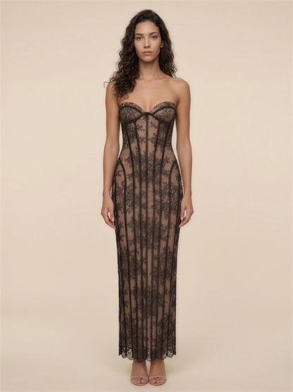 Strapless Lemon Lace Column Maxi Dress - Black