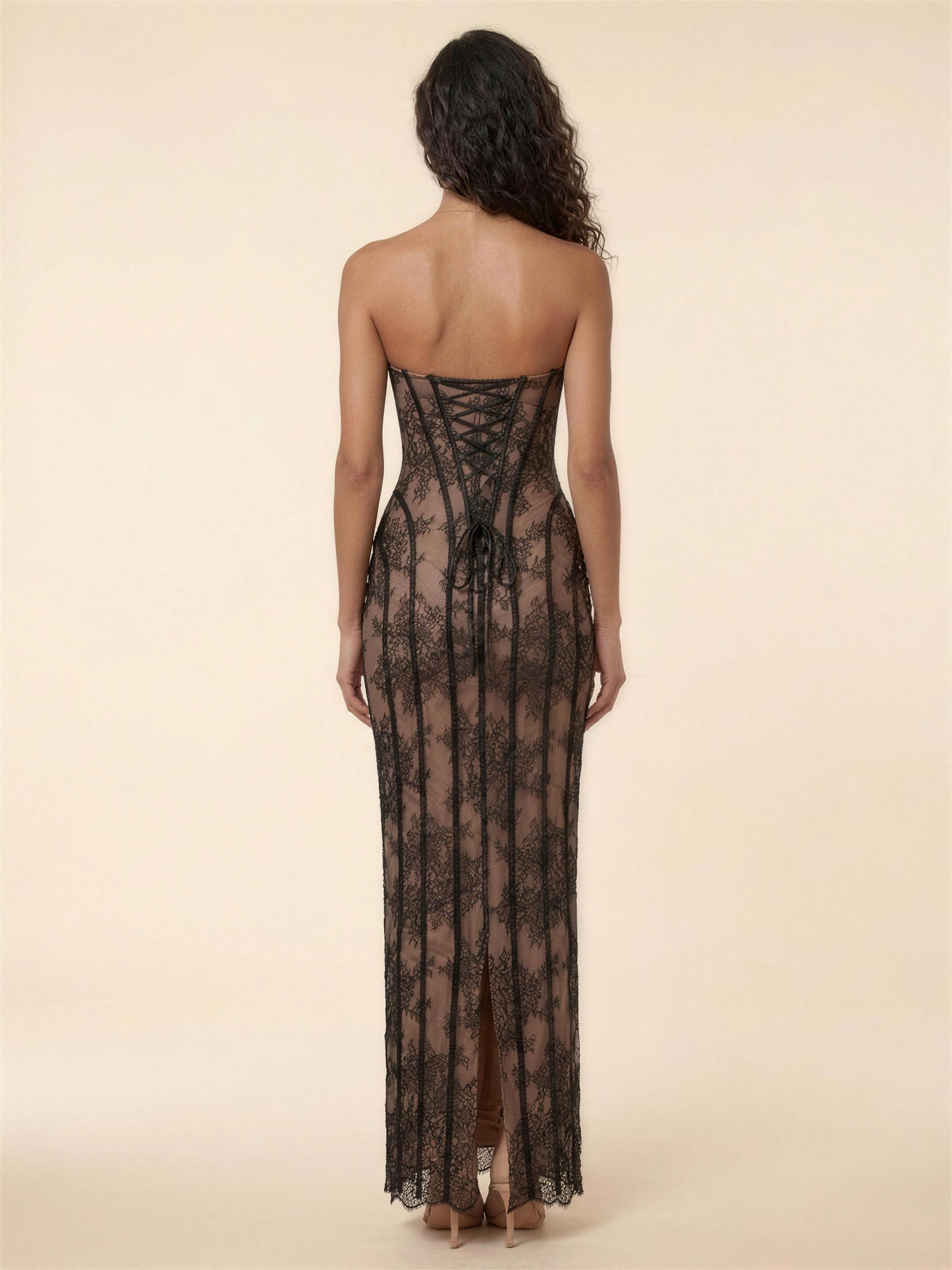 Strapless Lemon Lace Column Maxi Dress - Black