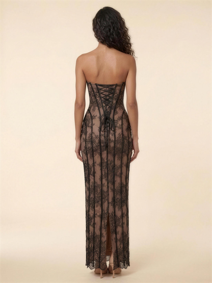 Strapless Lemon Lace Column Maxi Dress - Black
