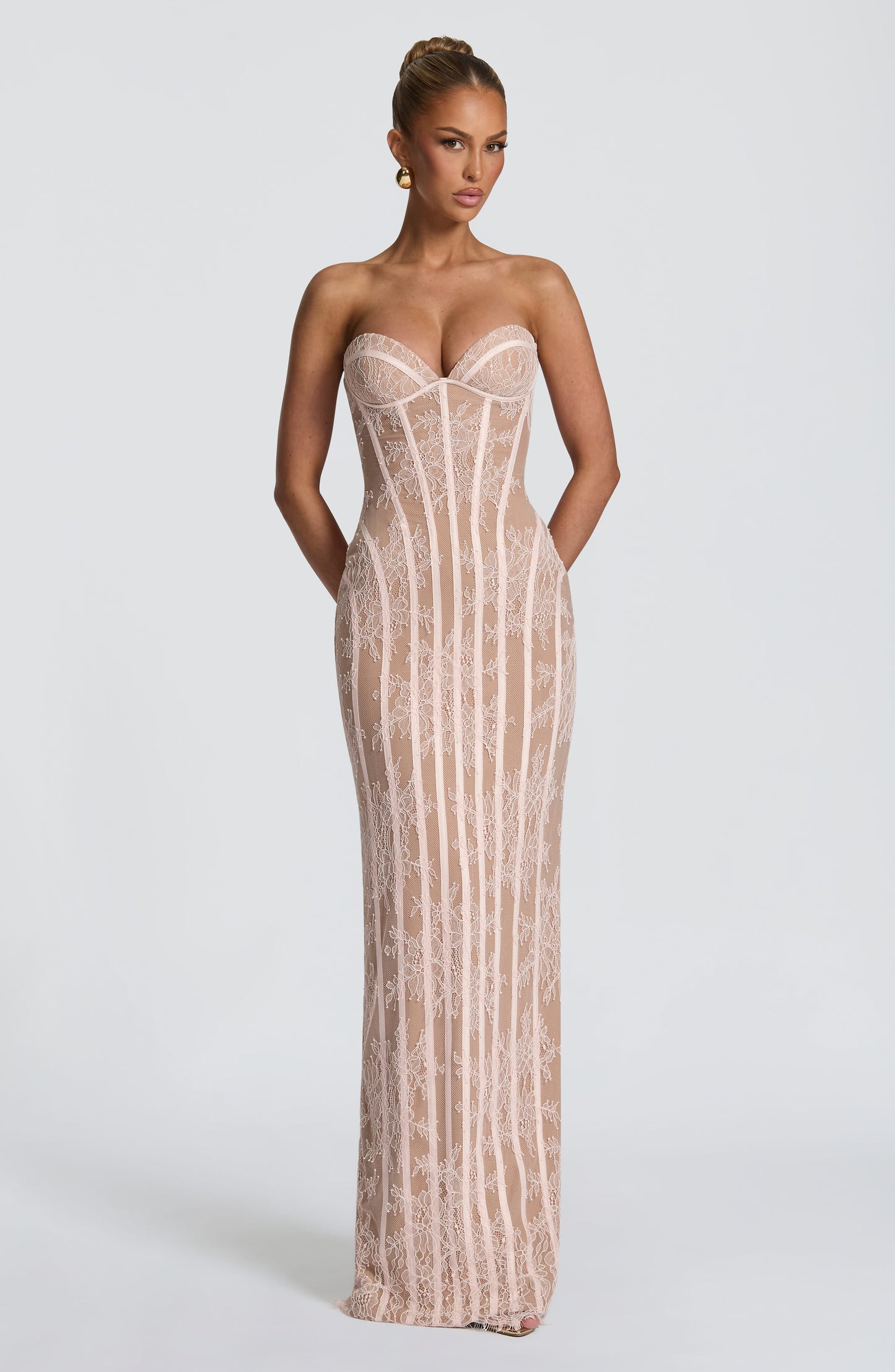 Sweetheart Wine Floral Lace Maxi Dress - Blush, front