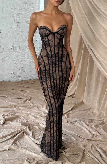 Sweetheart Wine Floral Lace Maxi Dress - Black, front