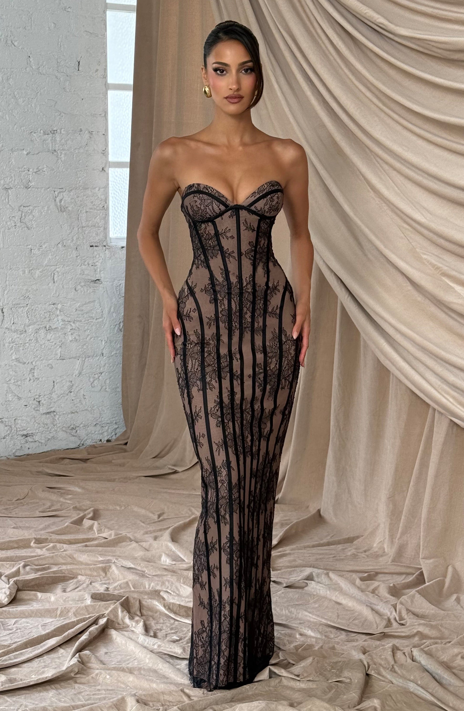Sweetheart Wine Floral Lace Maxi Dress - Black, side