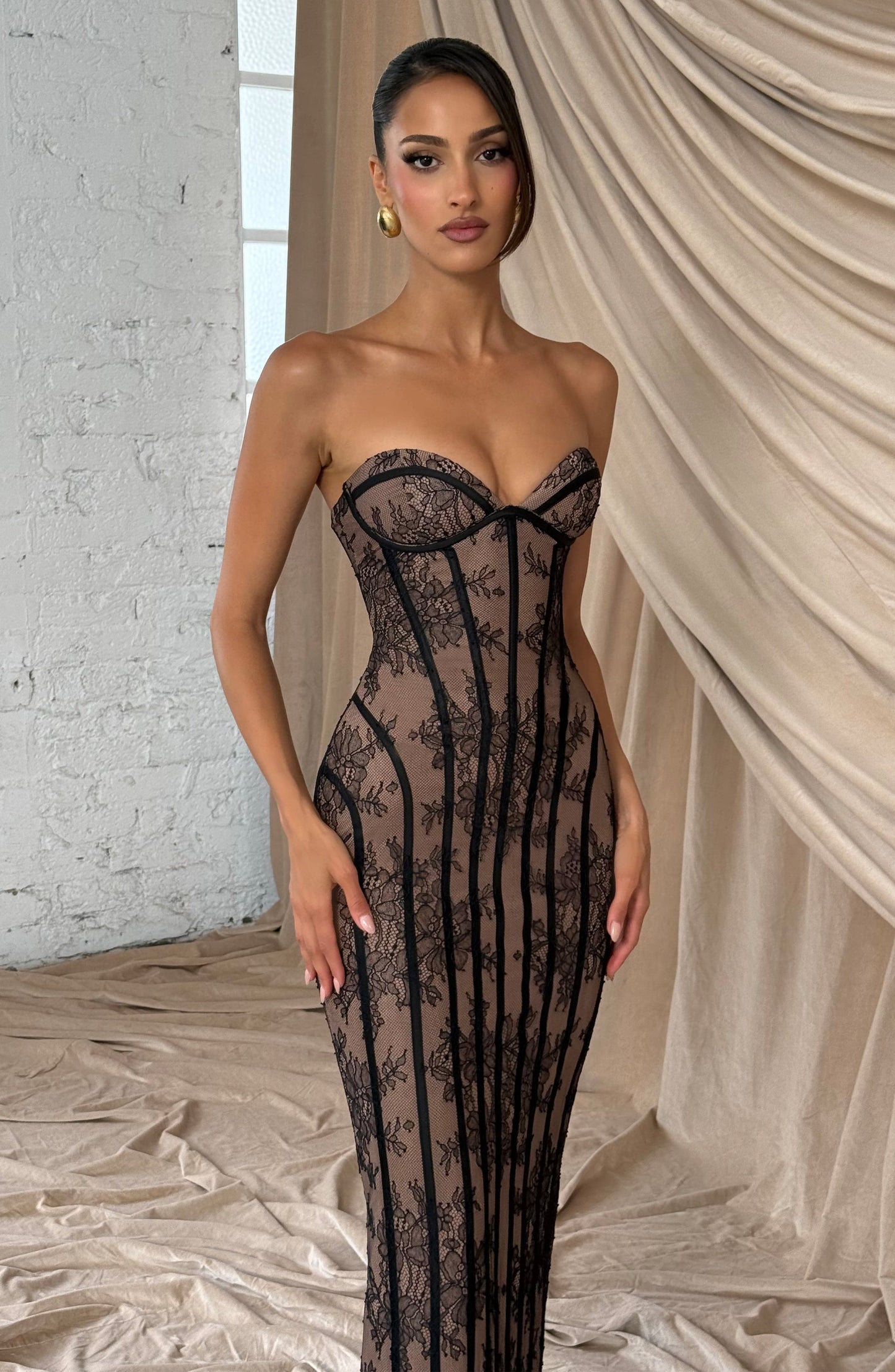 Sweetheart Wine Floral Lace Maxi Dress - Black, back