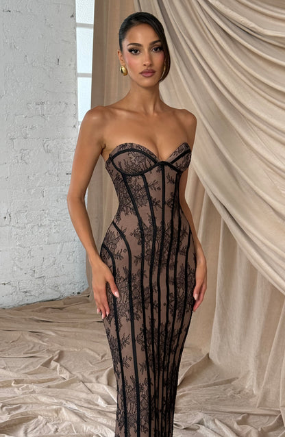 Sweetheart Wine Floral Lace Maxi Dress - Black, back