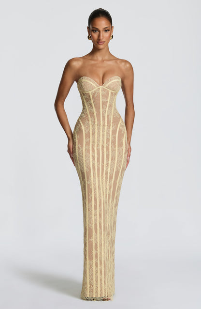 Sweetheart Wine Floral Lace Maxi Dress - Lemon, side