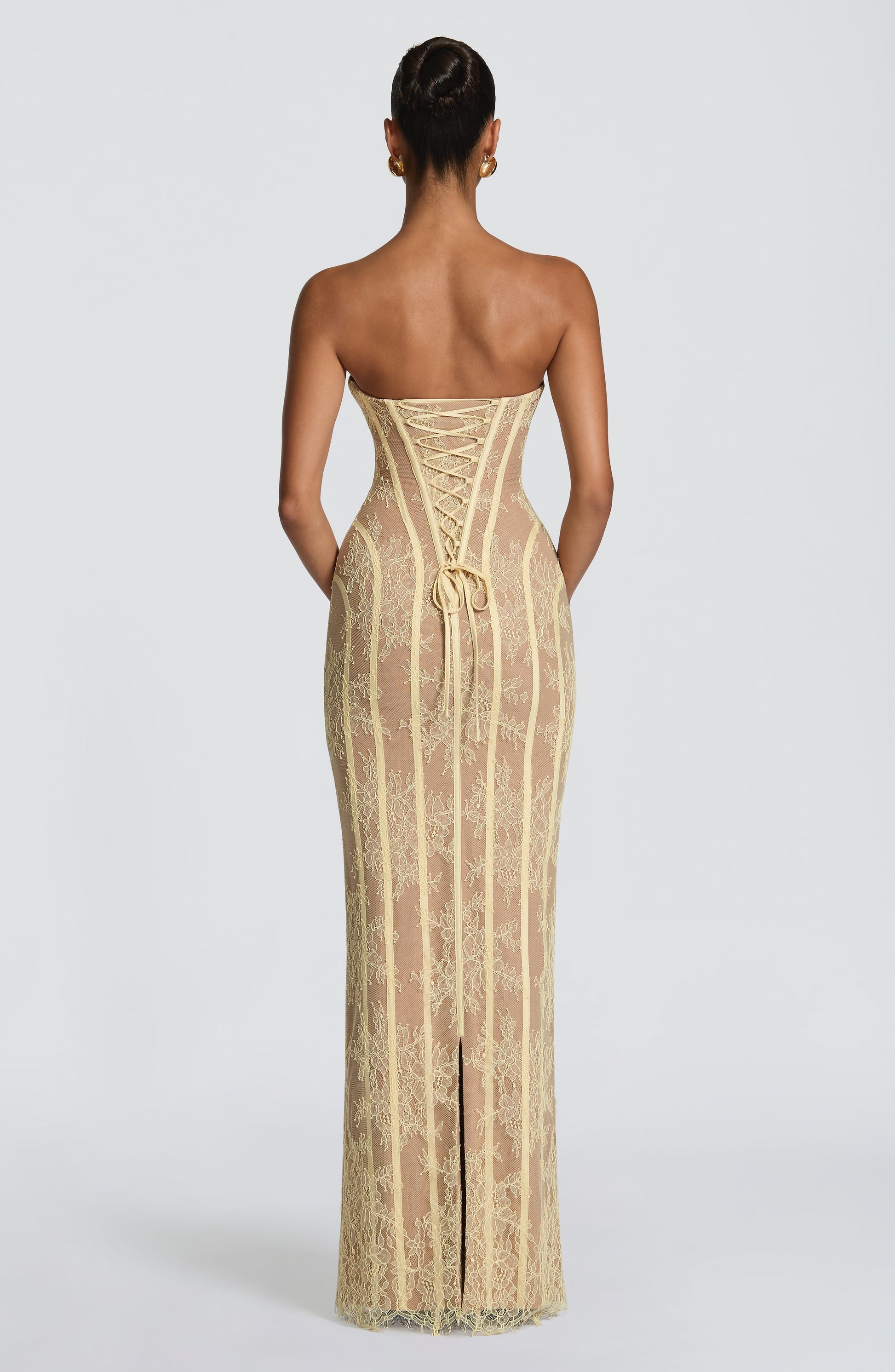 Sweetheart Wine Floral Lace Maxi Dress - Lemon, back