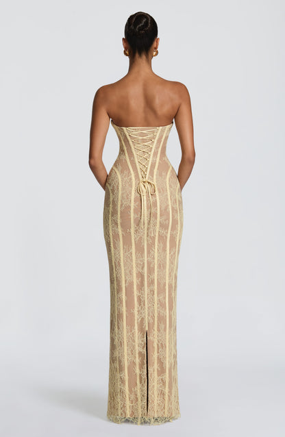 Sweetheart Wine Floral Lace Maxi Dress - Lemon, back