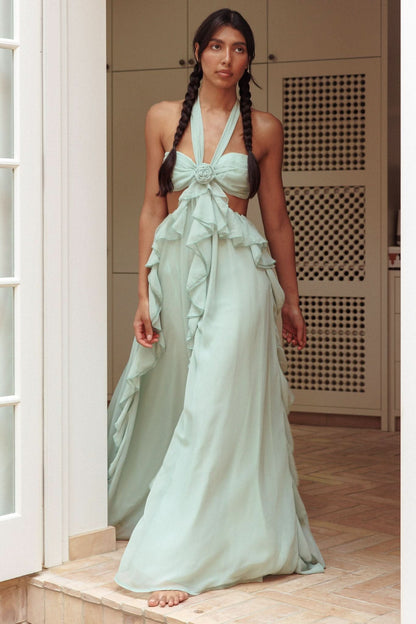 Sweetheart Ruched Chiffon Cute Maxi Dress - Lime