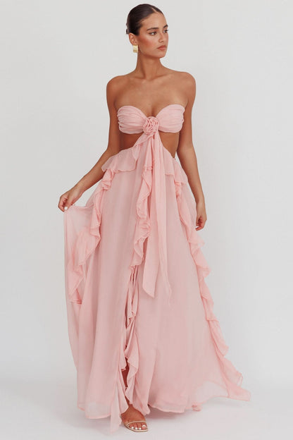 Sweetheart Ruched Chiffon Cute Maxi Dress - Pink