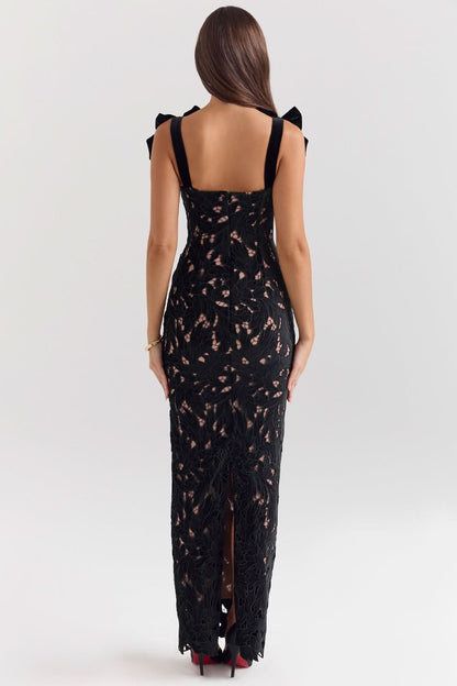 Velvet Bow Black Lace Maxi Dress