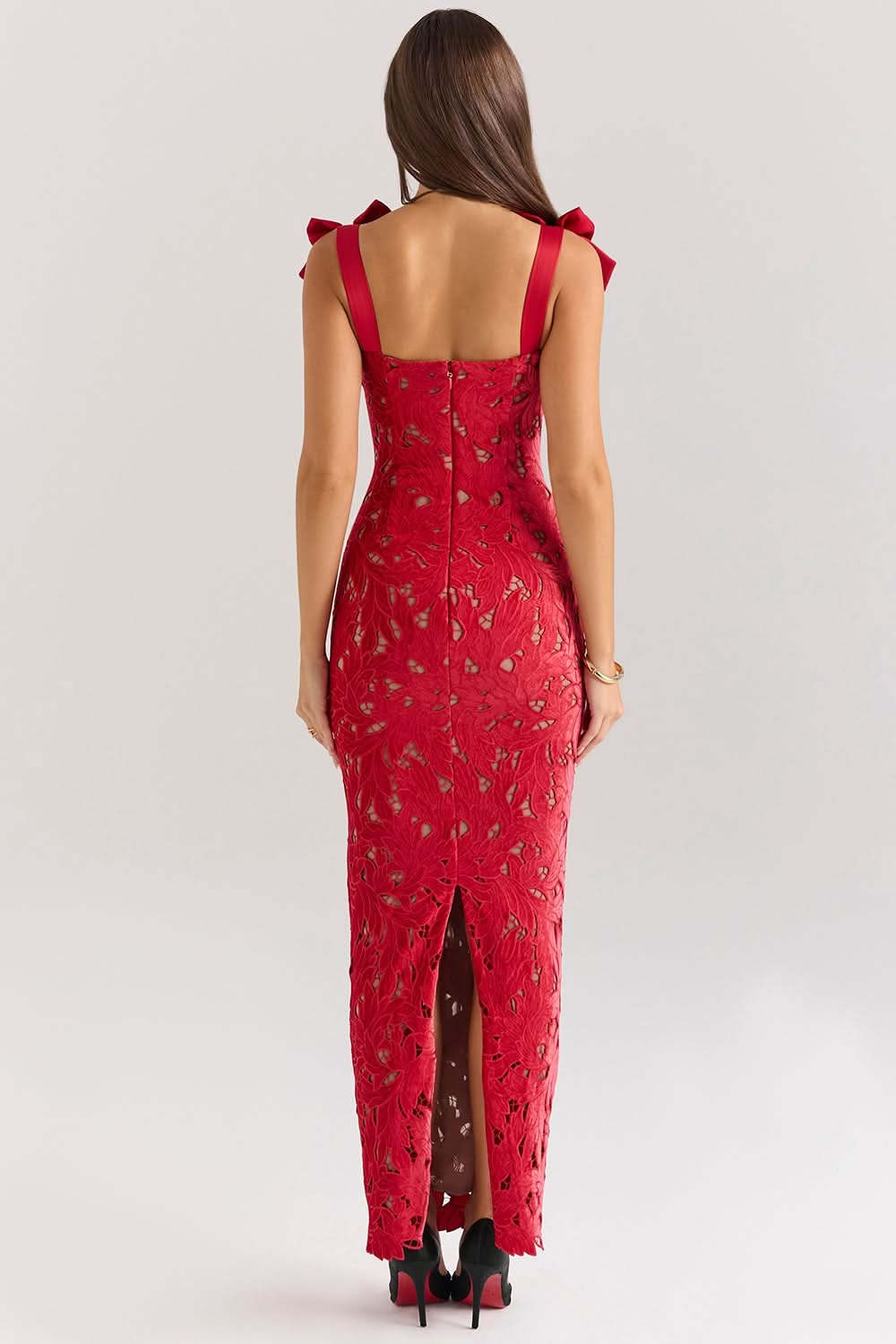 Velvet Bow Black Lace Maxi Dress
