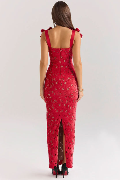Velvet Bow Black Lace Maxi Dress
