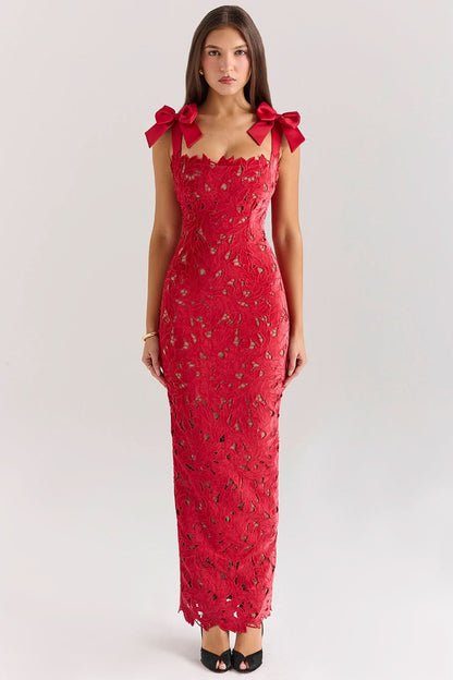 Velvet Bow Black Lace Maxi Dress