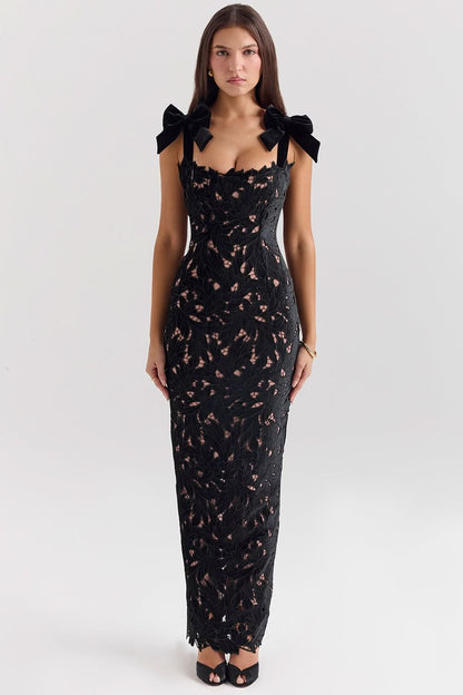 Velvet Bow Black Lace Maxi Dress - Black