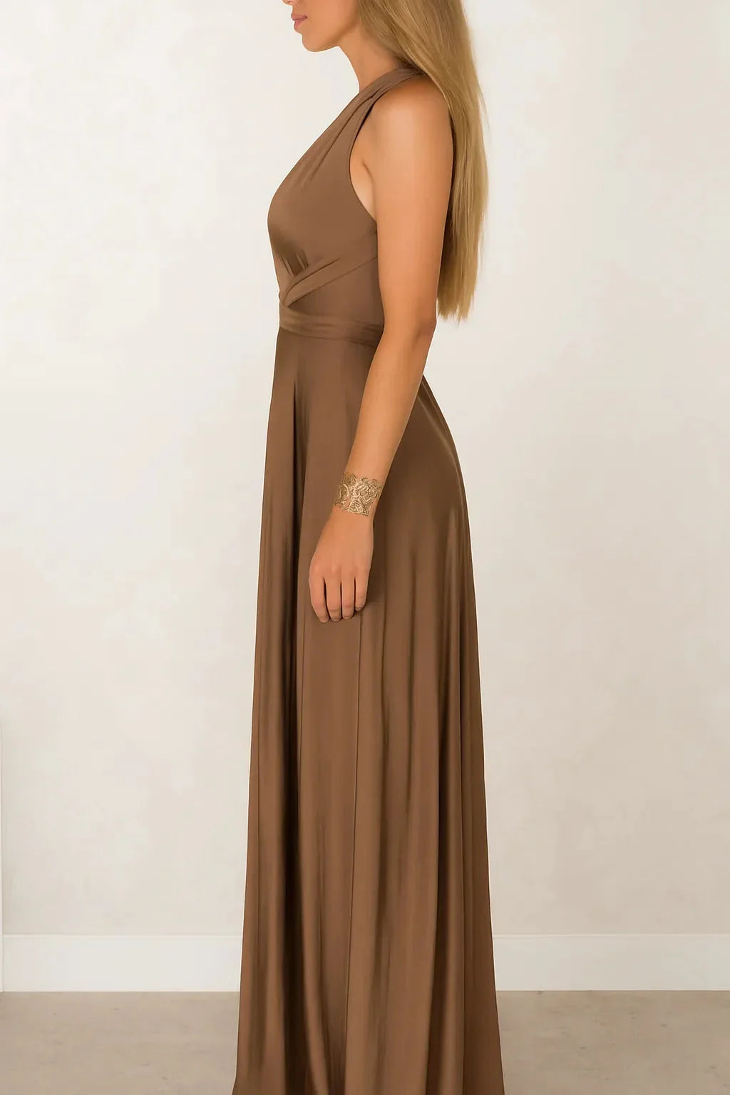 Plunge V Neck Mocha Wrap Gown