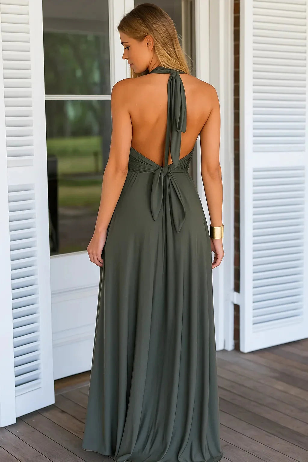 Plunge V Neck Mocha Wrap Gown