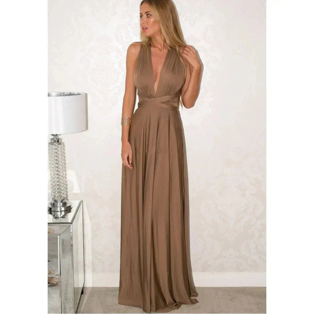Plunge V Neck Mocha Wrap Gown - Café