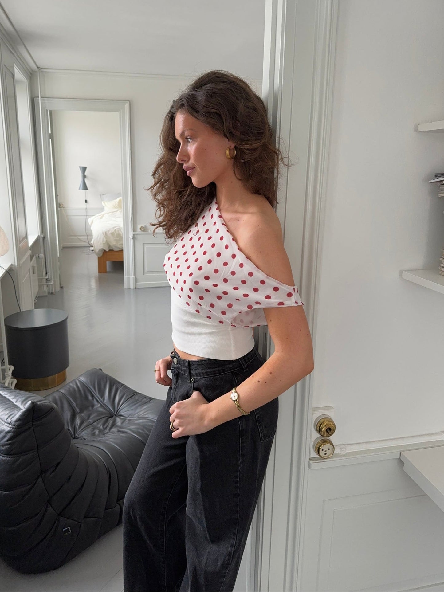 Women's Polka Dot One Shoulder Tie Back Crop Top
