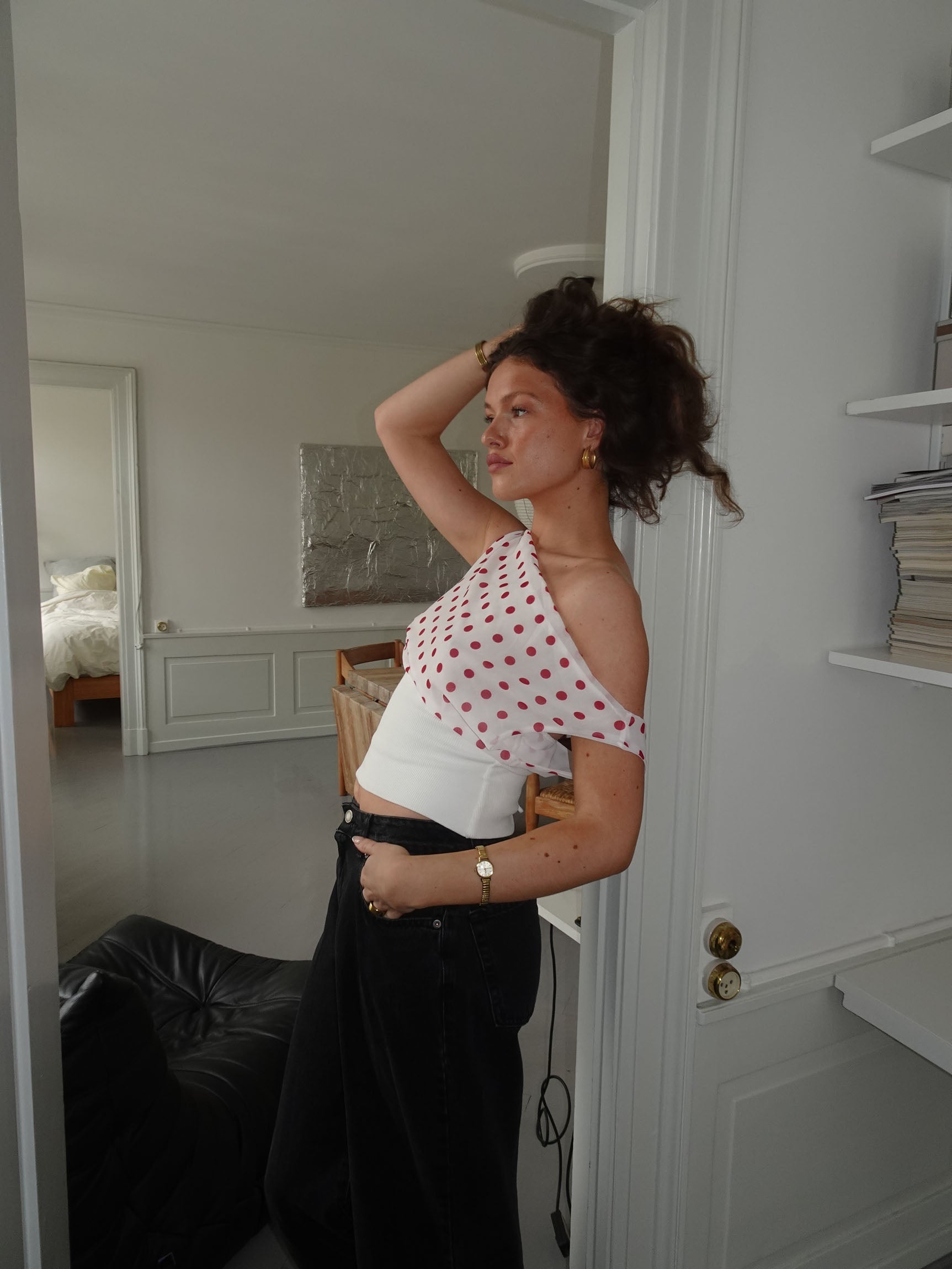 Women's Polka Dot One Shoulder Tie Back Crop Top