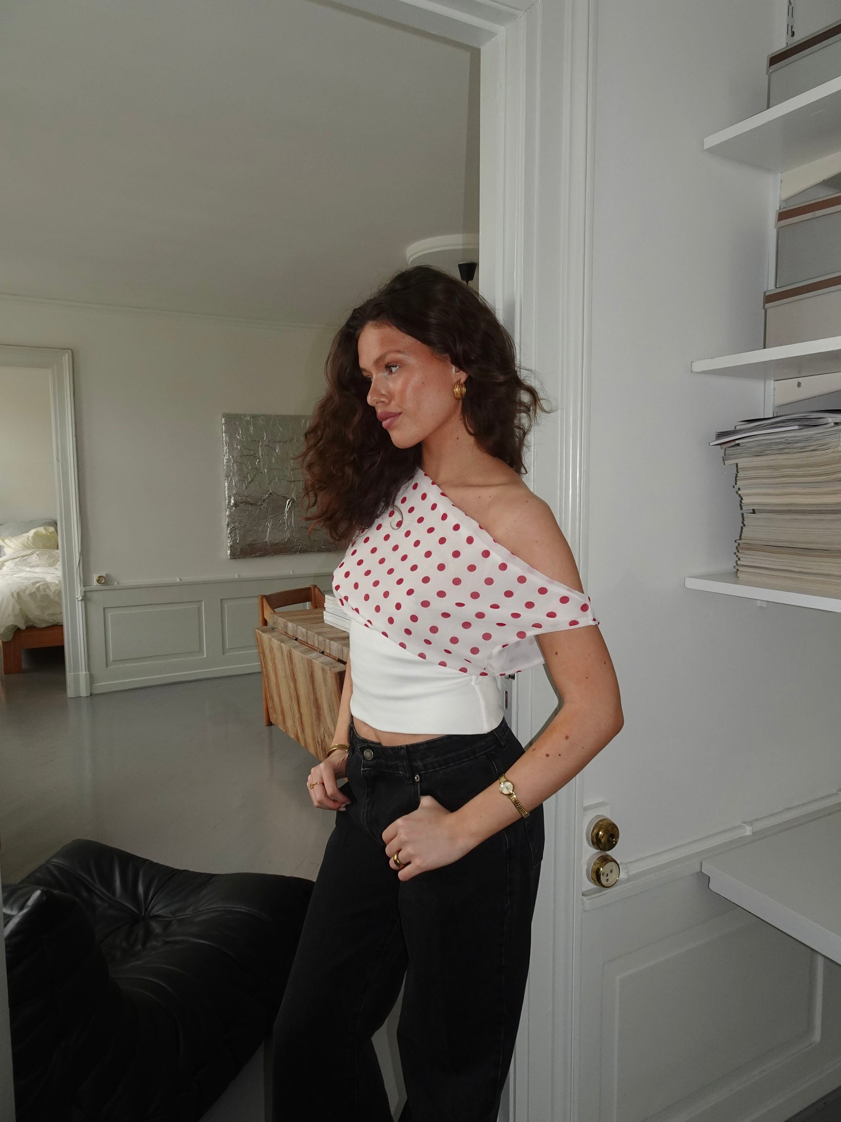 Women's Polka Dot One Shoulder Tie Back Crop Top