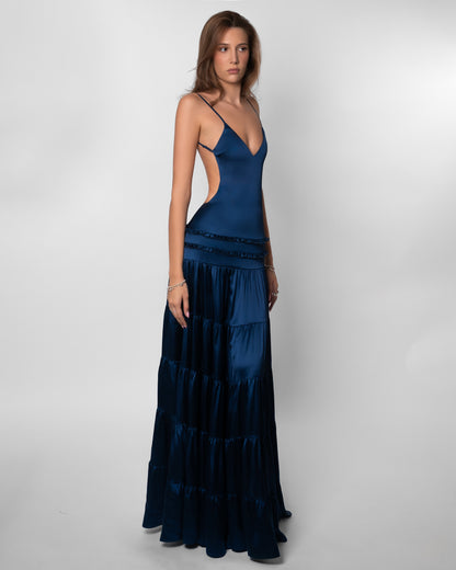 V Neck Navy Tiered Satin Maxi Dress - Navy