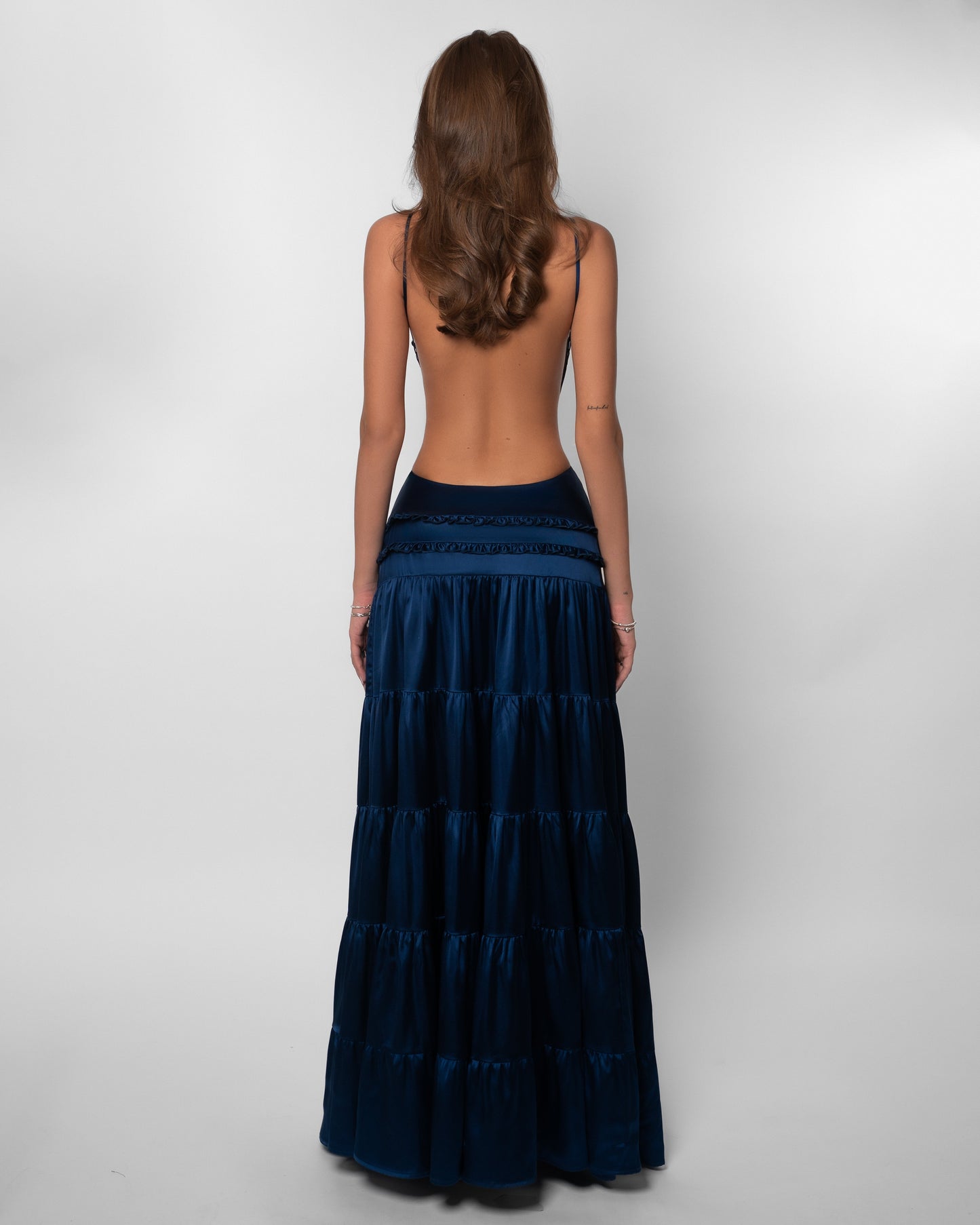 V Neck Navy Tiered Satin Maxi Dress - Navy