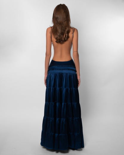 V Neck Navy Tiered Satin Maxi Dress - Navy