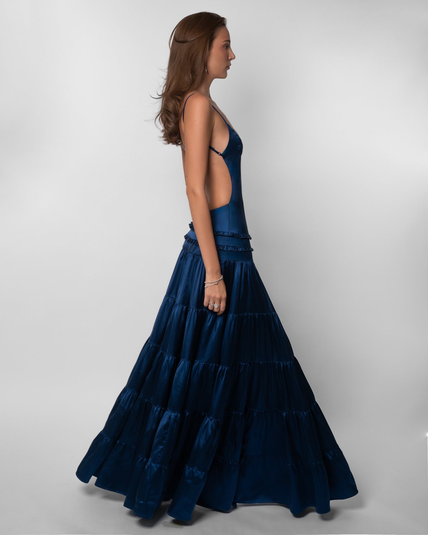 V Neck Navy Tiered Satin Maxi Dress - Navy