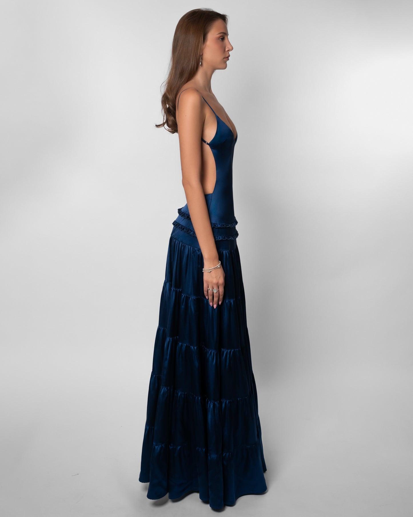 V Neck Navy Tiered Satin Maxi Dress - Navy