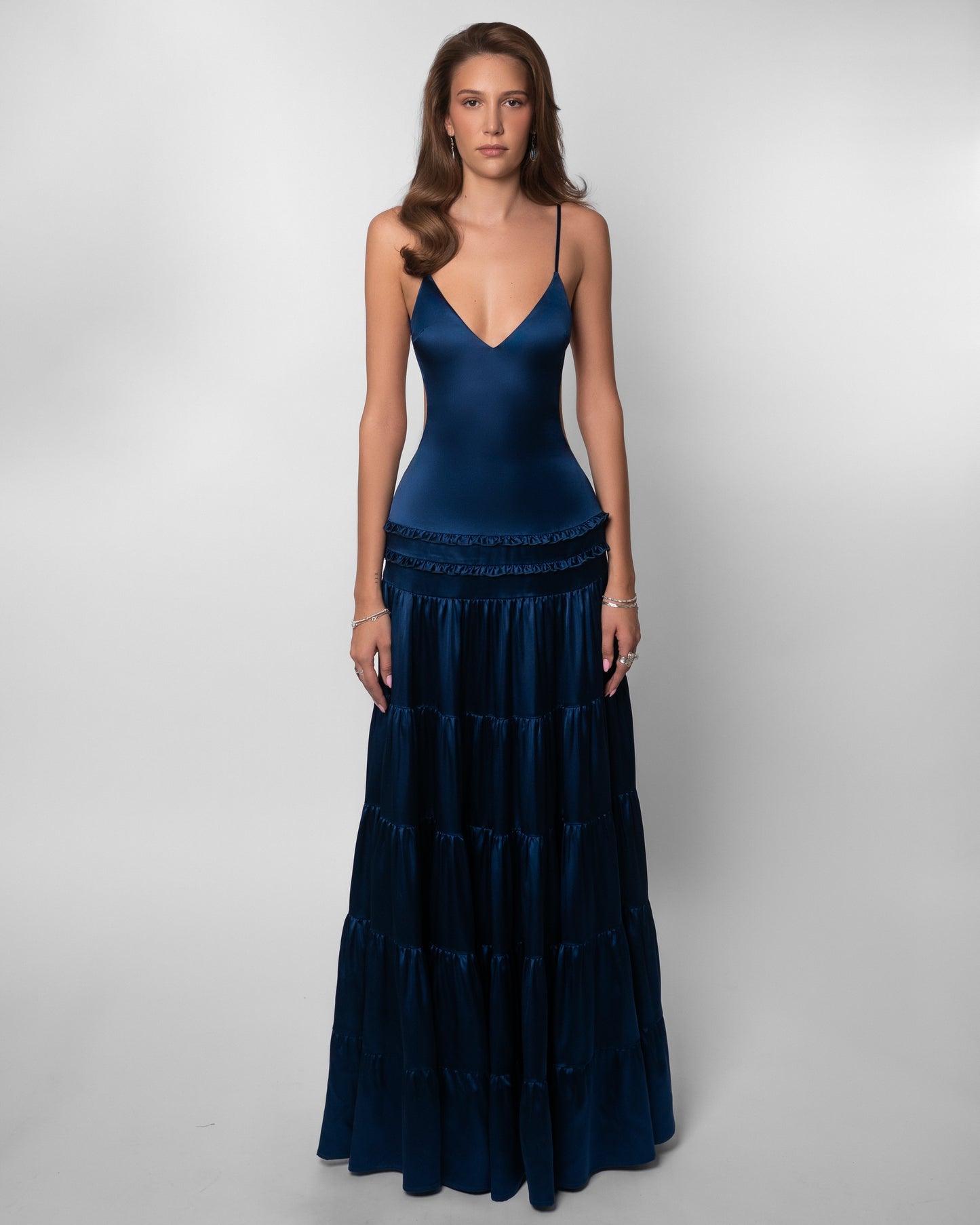 V Neck Navy Tiered Satin Maxi Dress - Navy