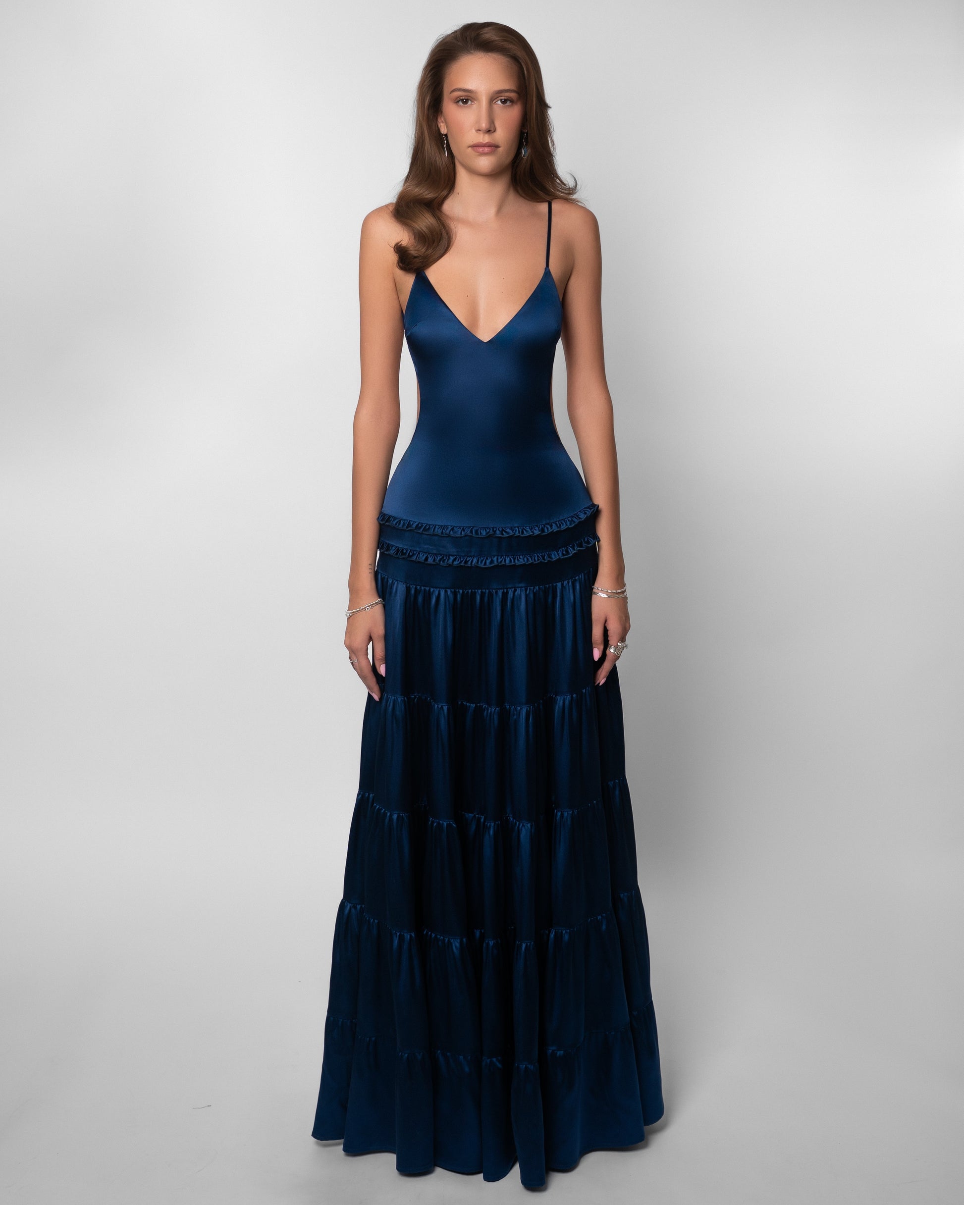 V Neck Navy Tiered Satin Maxi Dress - Navy
