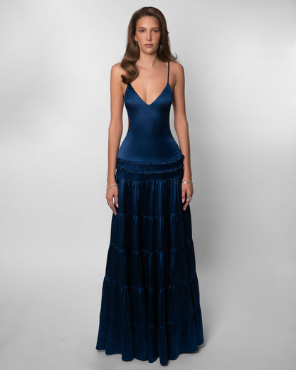 V Neck Navy Tiered Satin Maxi Dress - Navy