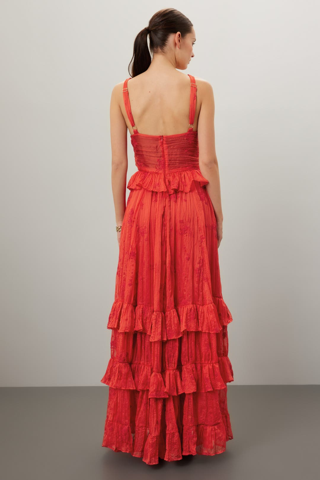 V Neck Red Tiered Ruffle Maxi Dress - Red