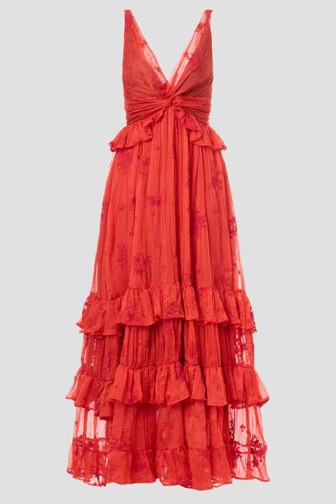 V Neck Red Tiered Ruffle Maxi Dress - Red