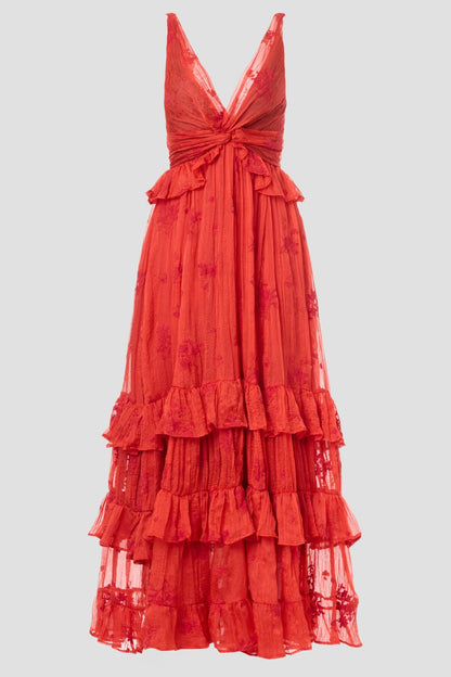 V Neck Red Tiered Ruffle Maxi Dress - Red