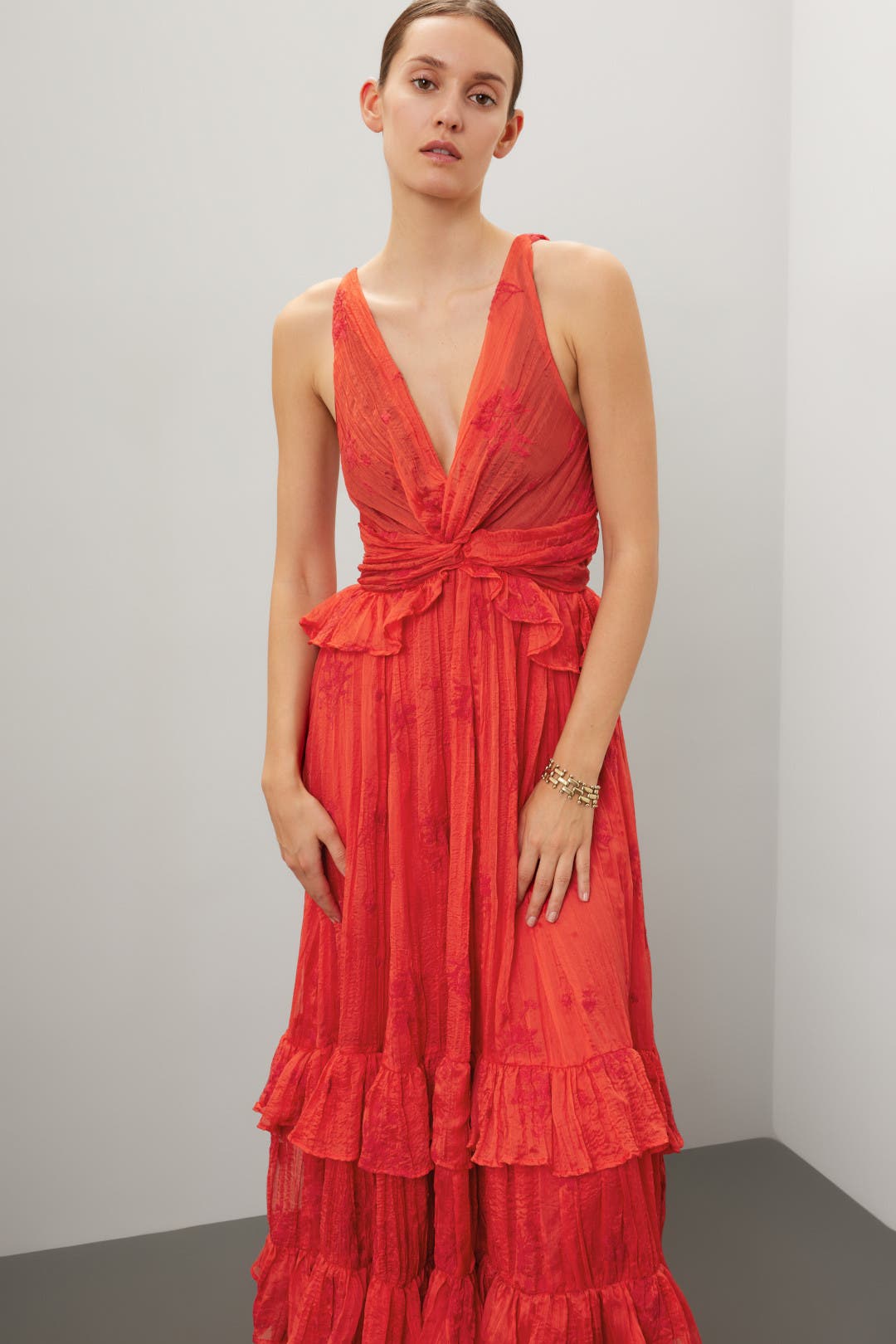 V Neck Red Tiered Ruffle Maxi Dress - Red