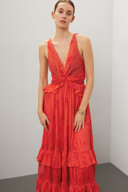 V Neck Red Tiered Ruffle Maxi Dress - Red