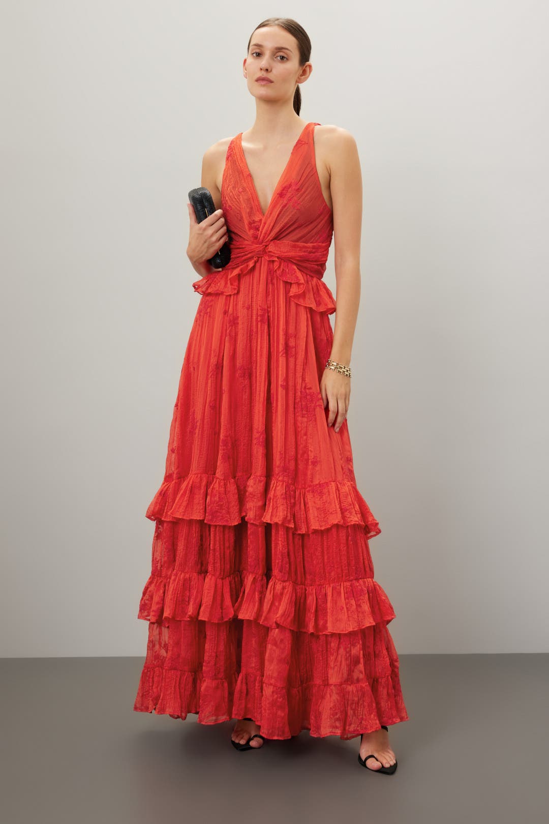 V Neck Red Tiered Ruffle Maxi Dress - Multicolor