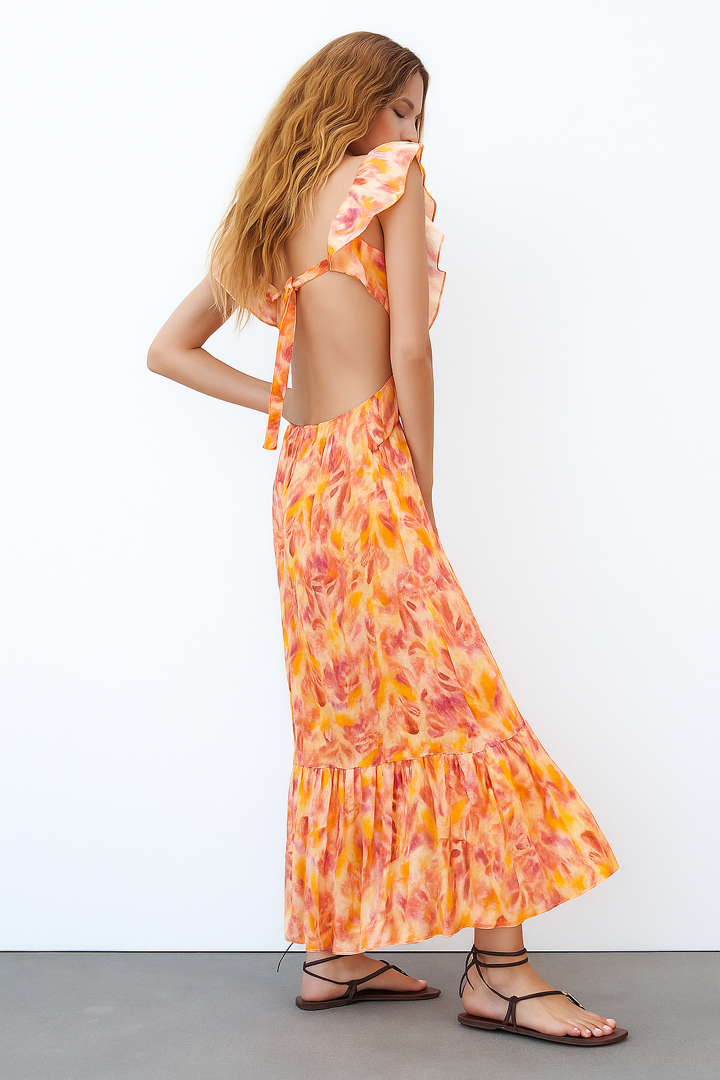 V Neck Ruffle Peach Floral Maxi Dress - Peach