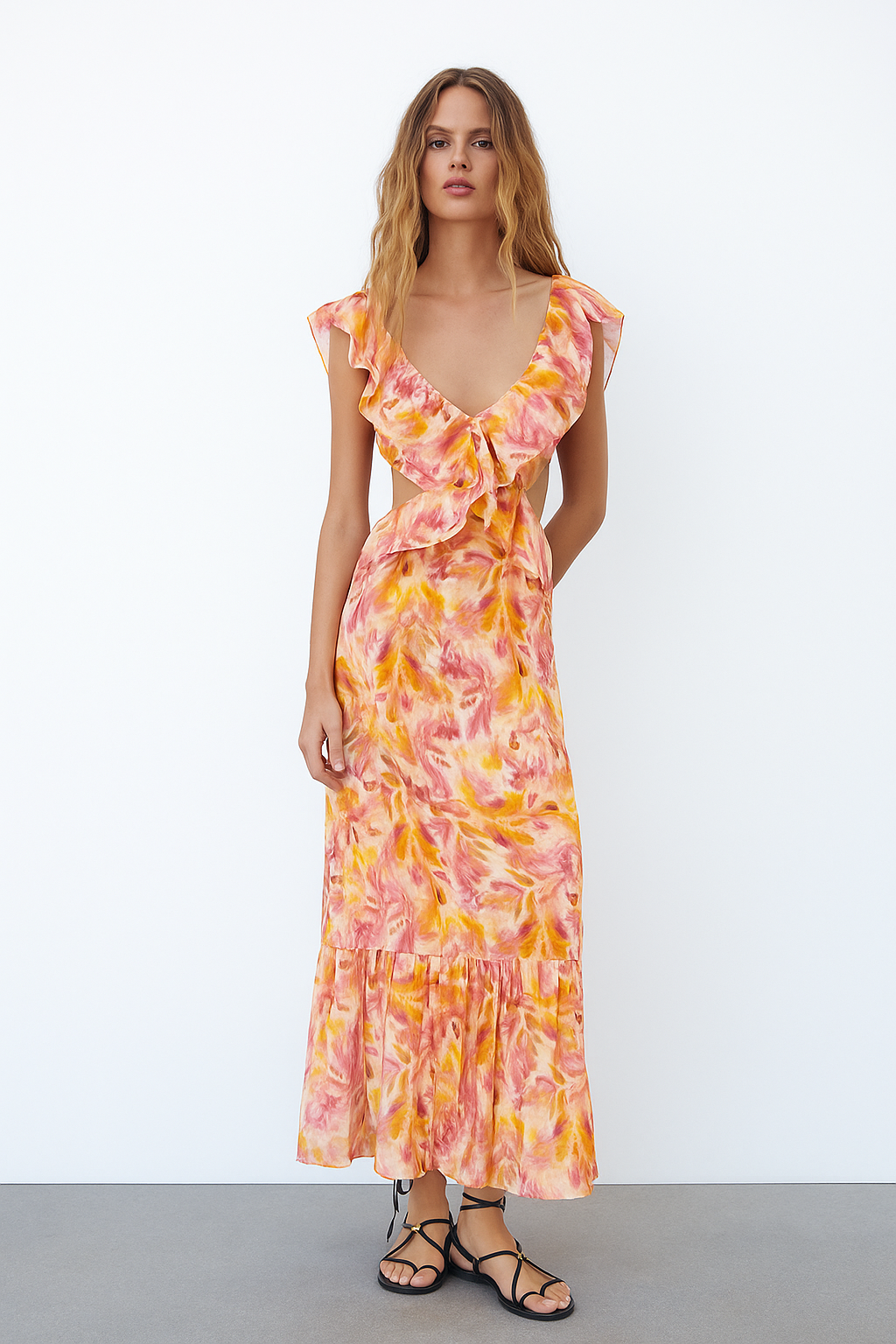 V Neck Ruffle Peach Floral Maxi Dress - Orange