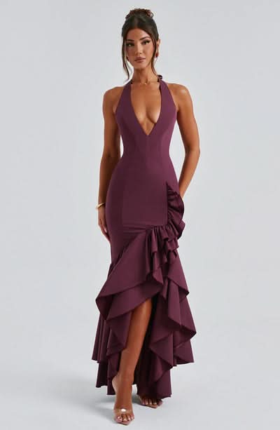 Women's Wedding Guest Halter Maxi Dress With Ruffle Hem - product image 3