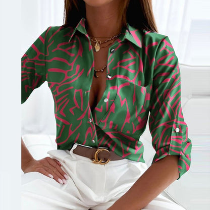 Women's Geometric Print Collared Long Sleeve Blouse
